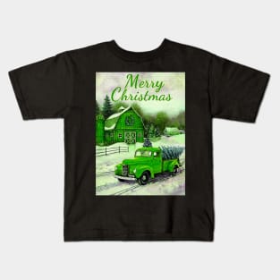 Green barn retro car Christmas tree - Merry Christmas Kids T-Shirt